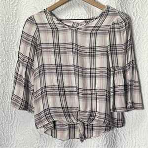 MOON & STARS Plaid Front Tie Cross Back Bell Sleeve Top